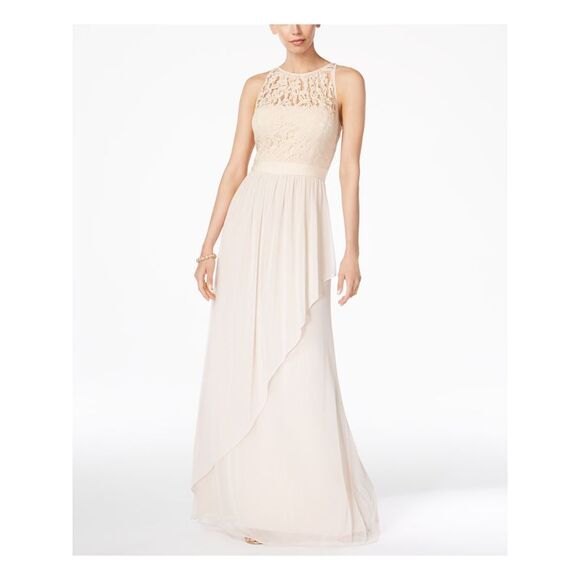 ADRIANNA PAPELL Womens Beige Beaded Zippered Lined Spaghetti Strap V Neck Below The Knee Party Sheath Dress